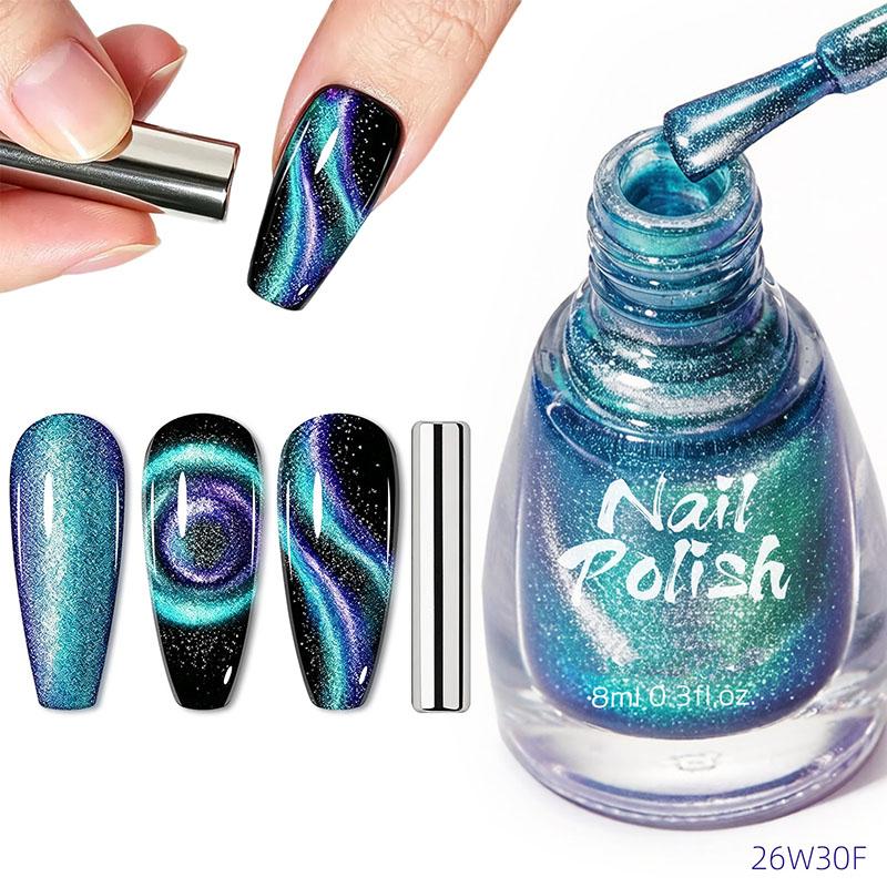 Dynamic Diamond Crushed Cat Eye Nail Polish, Icy Transparent Pearlescent Glitter Porcelain White Cat Eye Manicure Decor