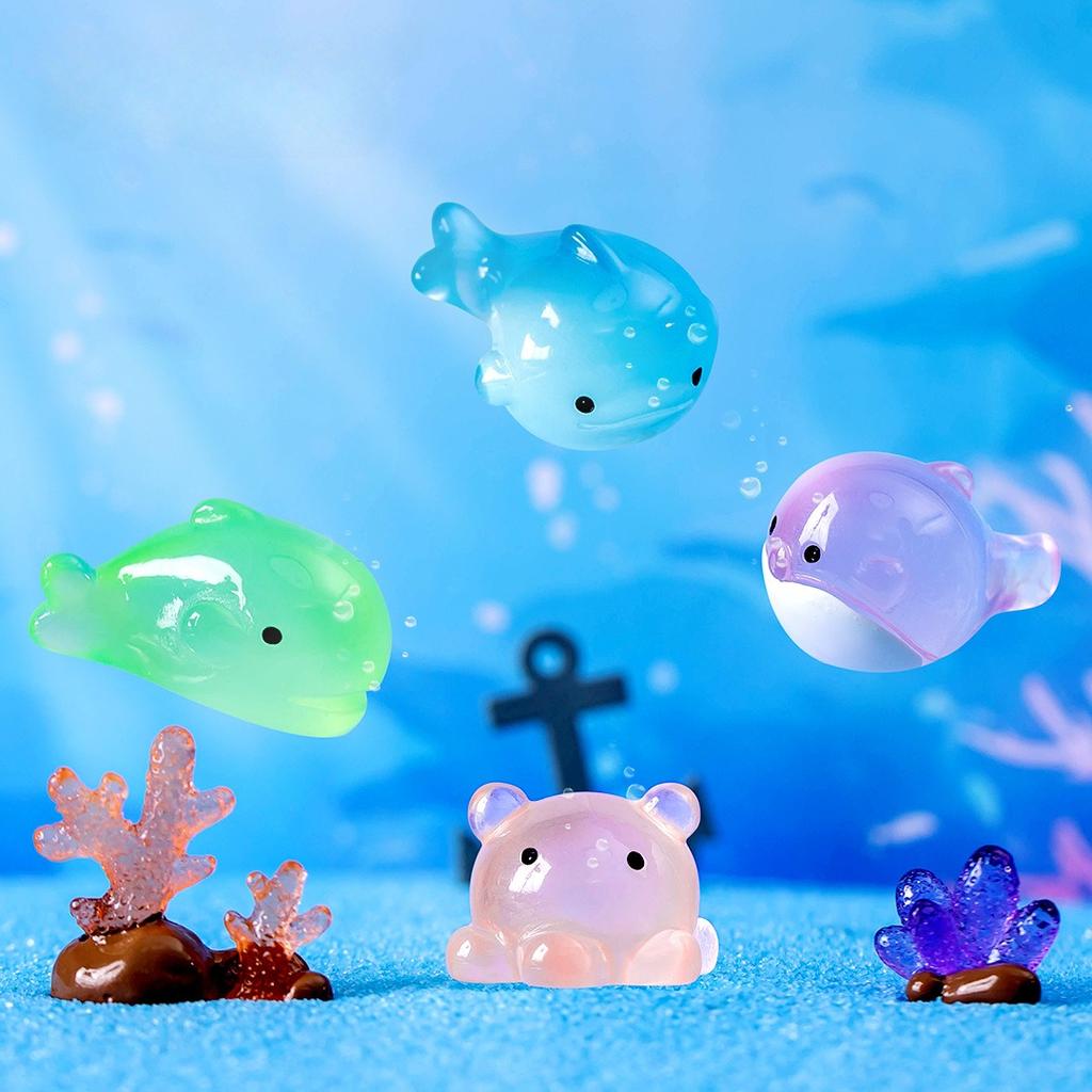 20Pcs Kawaii Luminous Small Resin Cute Glowing Whale Octopus Marine Animal At Night Marine Animal Ornament Fairy Garden Diy Decoration
