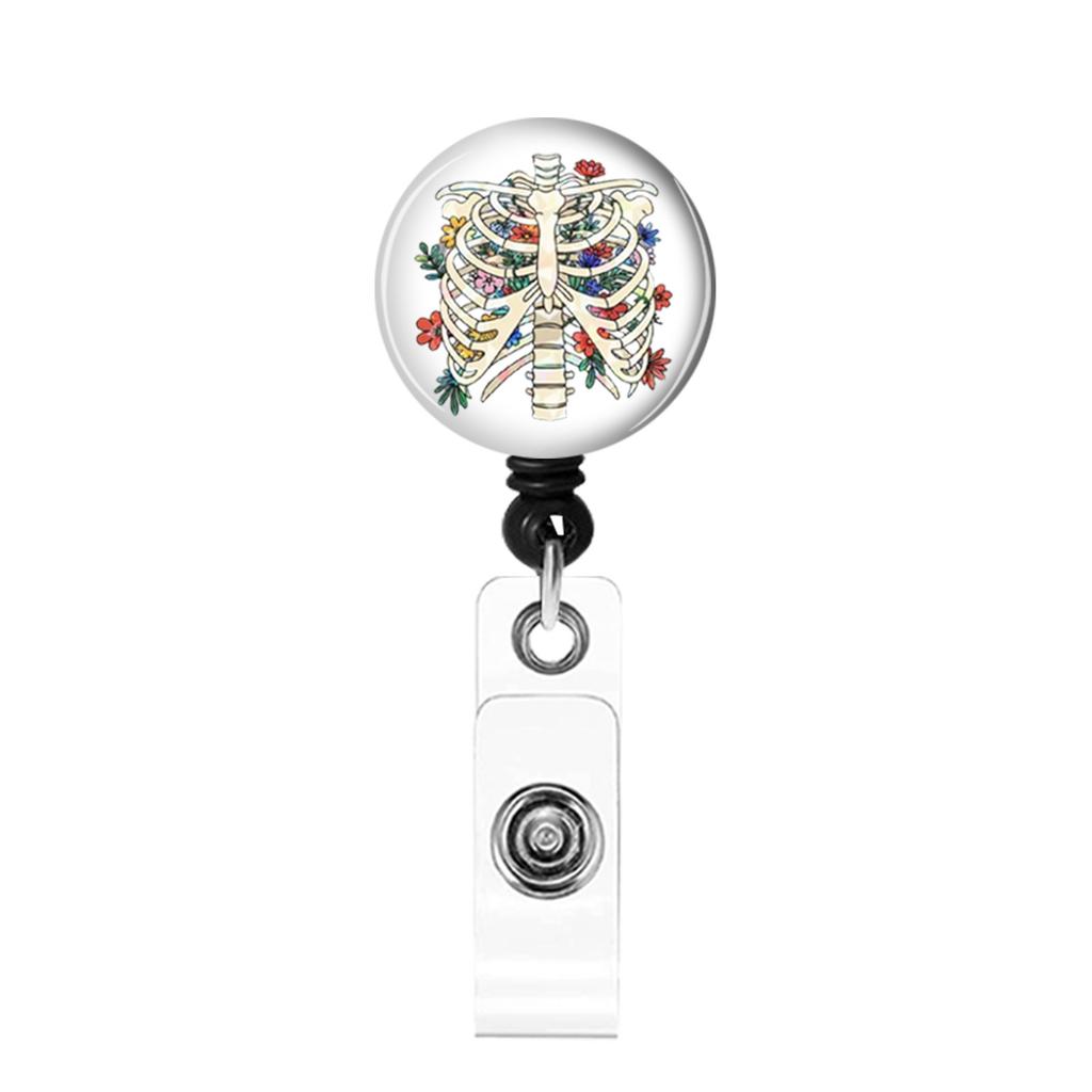 Skull Flower Id Tag Badge Holder With Retractable Badge Reel Cards Storage Organizer For Nurses Employee Pass Work Card Holder