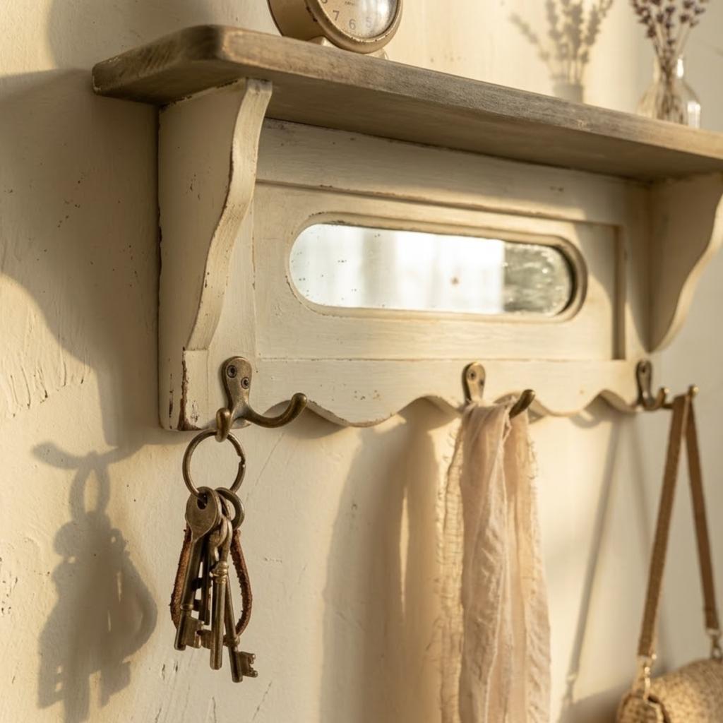 Charming wooden aged white coat rack with three hooks and a mirror
