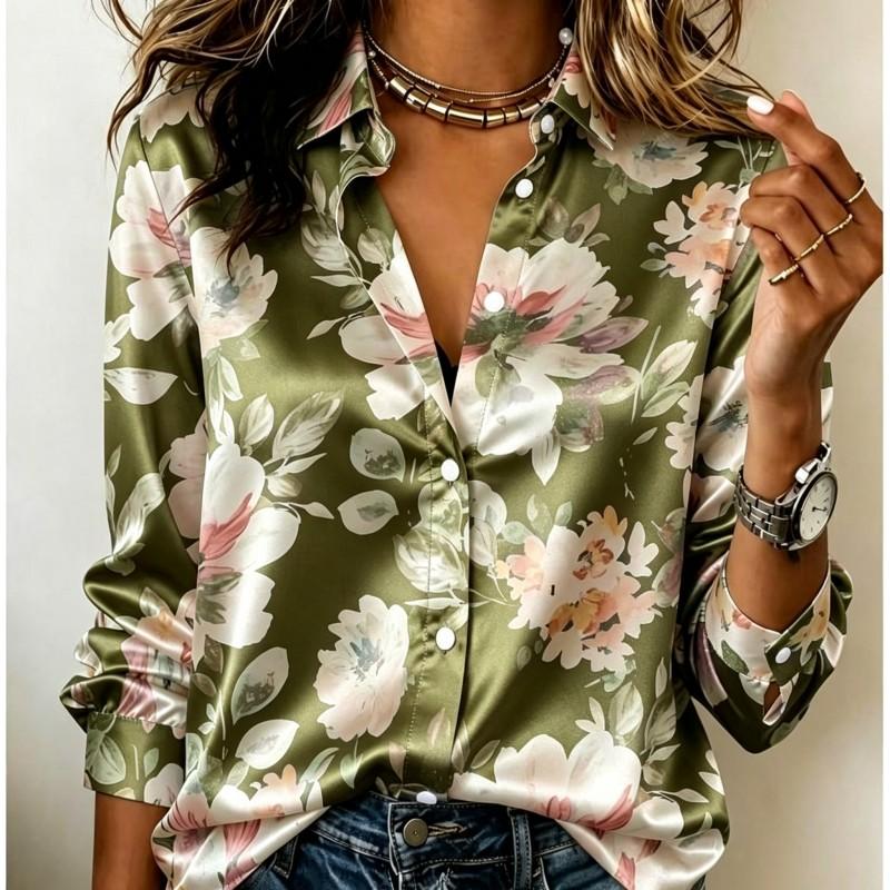 Dames Satijnen Blouse met Lange Mouwen Vintage Grote Pioenroos Bloemenprint Blouse Kraag Enkelrijig Losse Kantoor Tops