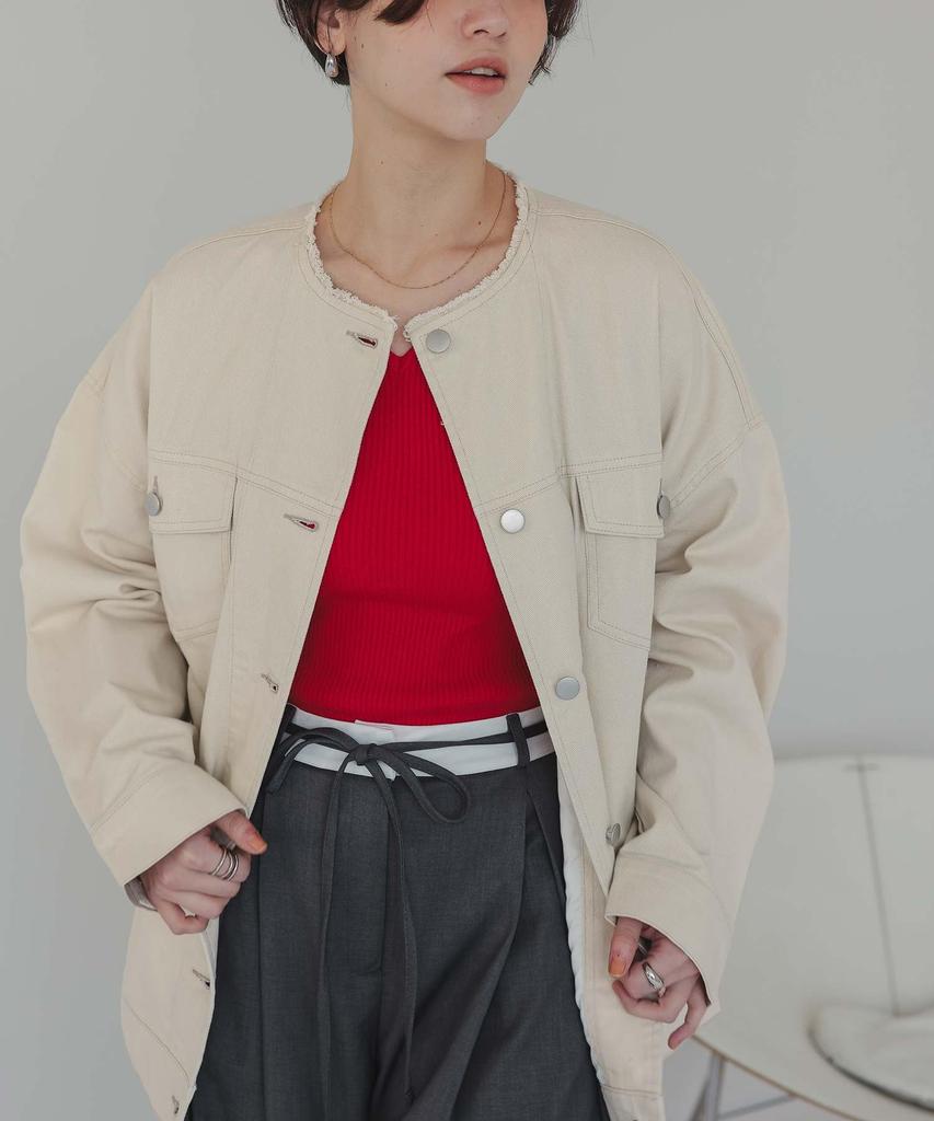 Titibait Collarless Denim Jacket AFXT0279 L Ivory Women's