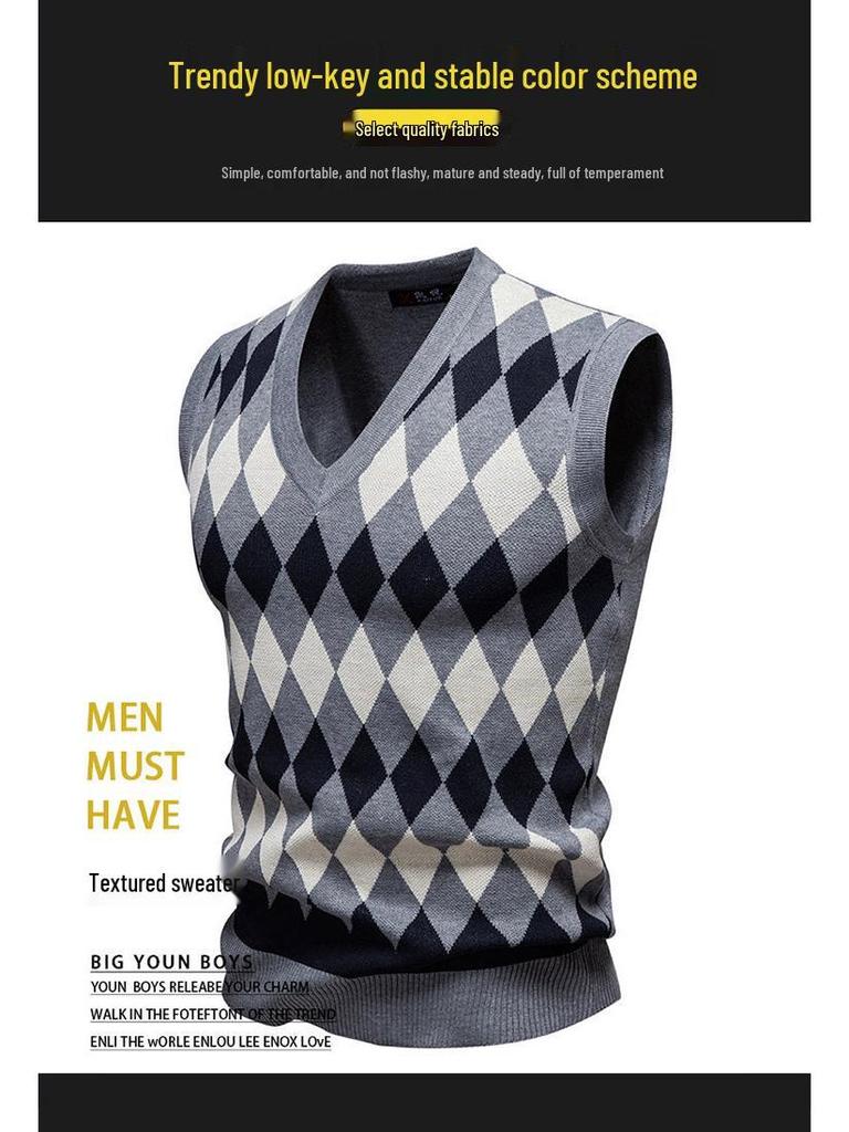 Men's Trendy V-Neck Plaid Color Block Knit Vest - Autumn/Winter Casual Warm Layer