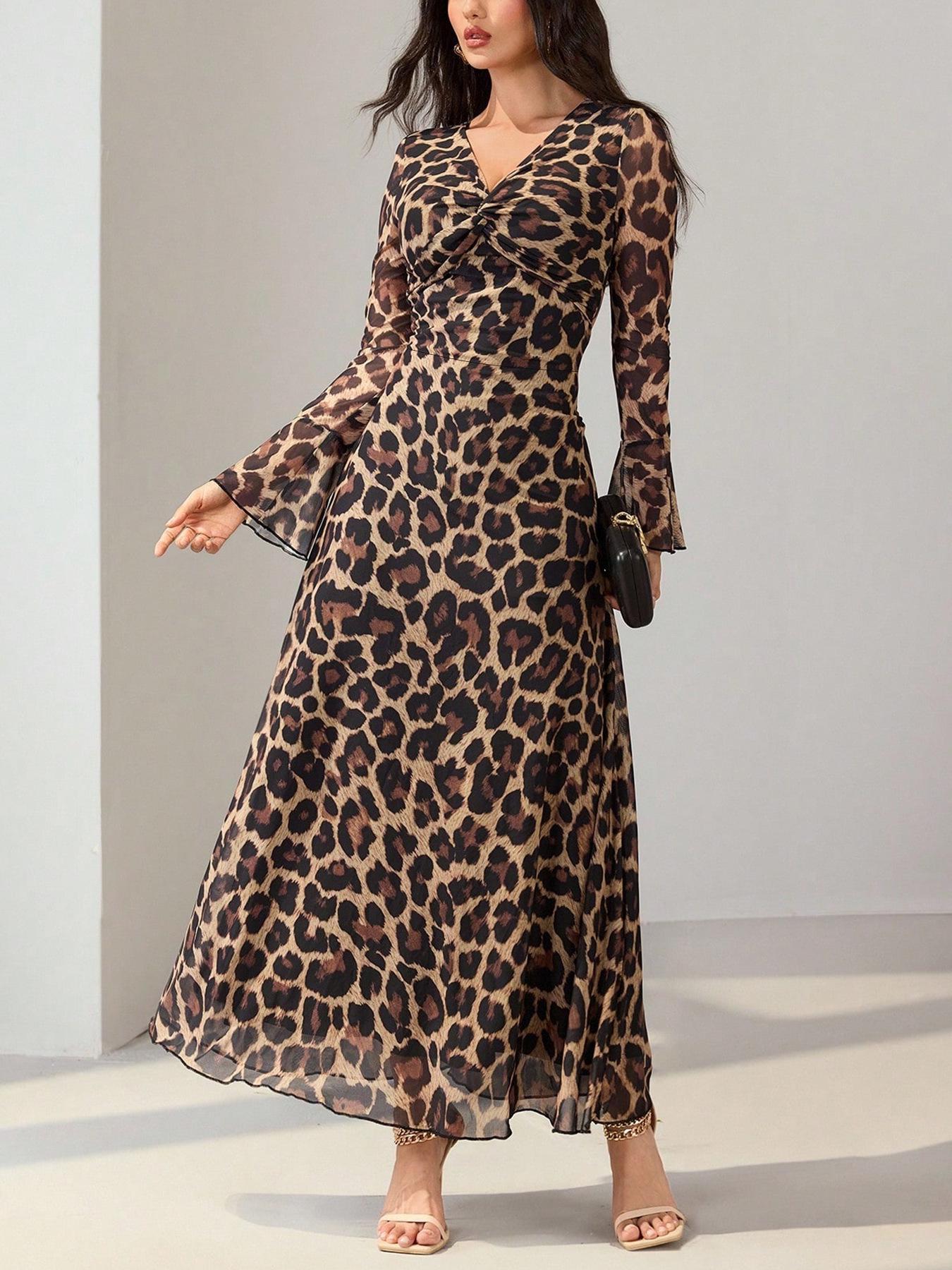 Elegant V-Neck Leopard Print A-Line Dress - Autumn Resort Style Extra Large кофейный