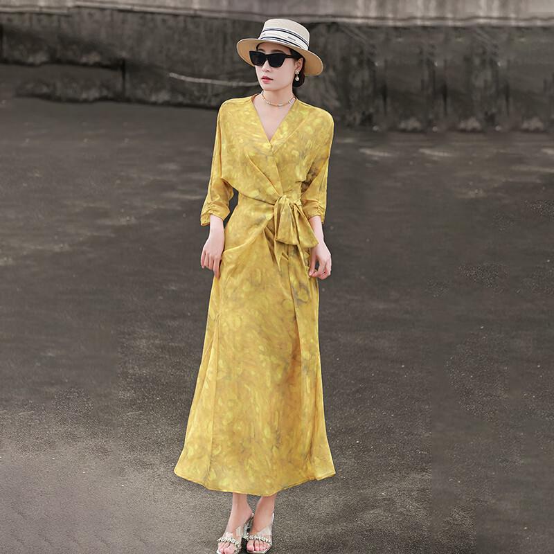 

Elegant V-Neck Wrap Tie Print Midi Dress M