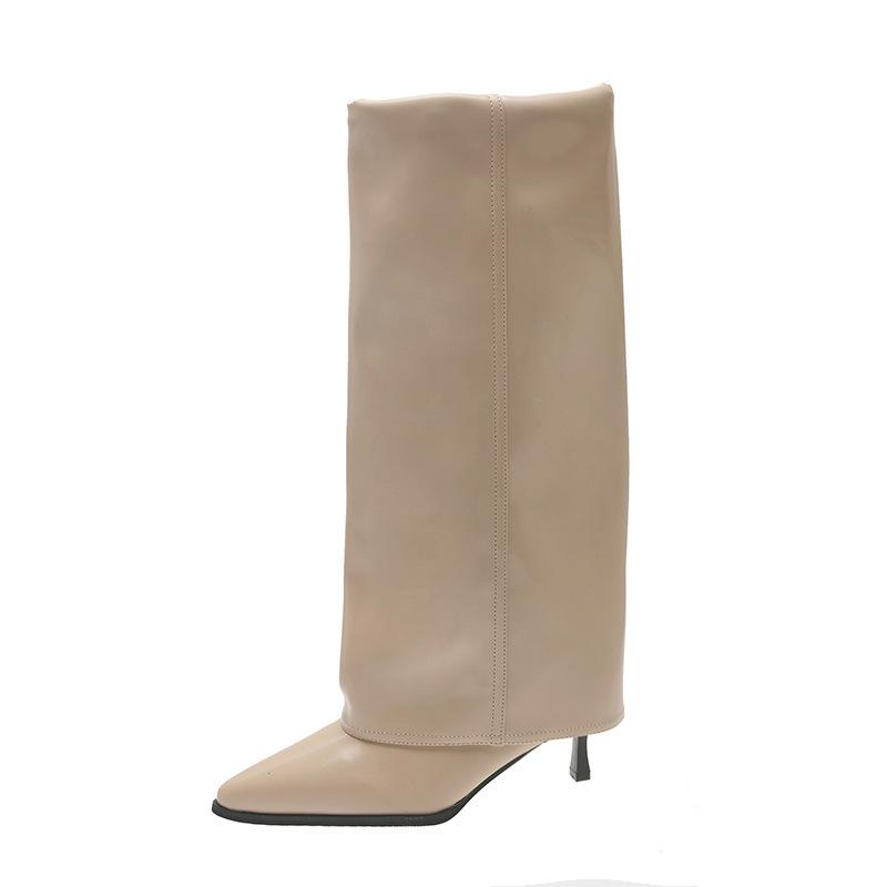 Large size pointed retro high-heeled fashion boots women's winter pleated thin heels but knee-high trousers boots