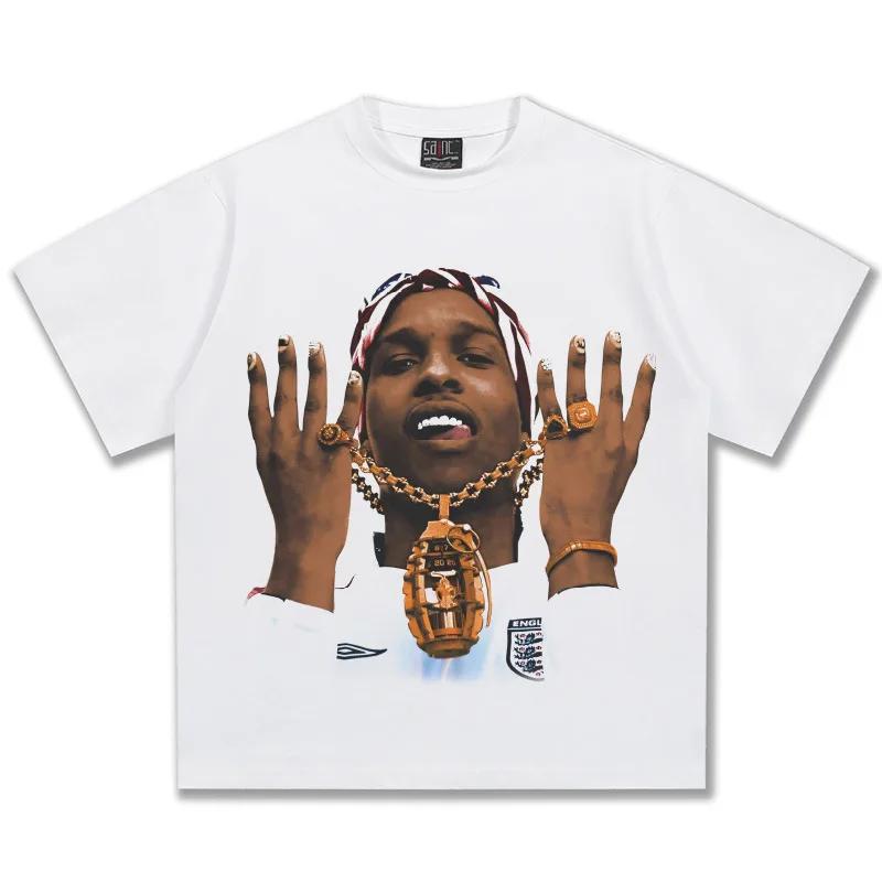 2026 Unisexs And Unisexs Asap Rocky American HipHop Retro Print TShirt Fashion Loose High Street 100 Cotton ONeck Short Sleeve