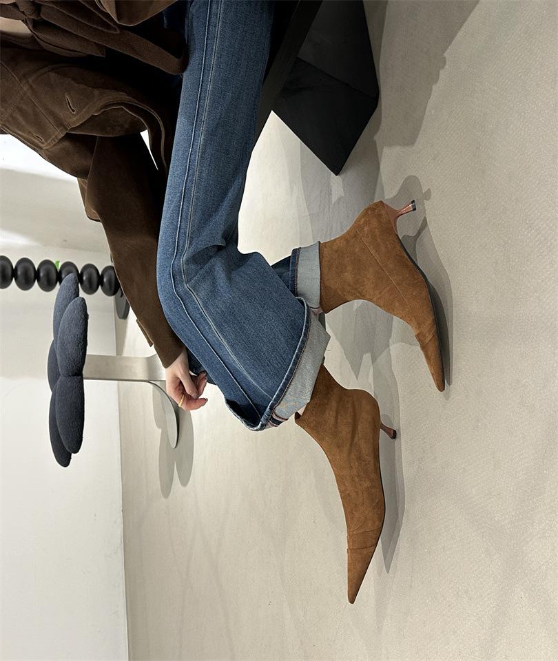 

High Heel Pointed Suede Khaki Skinny Boots Short Boots Women s Shoes 2025 New Autumn and Winter Boots Korean Small Naked Boots 39 светло-коричневого