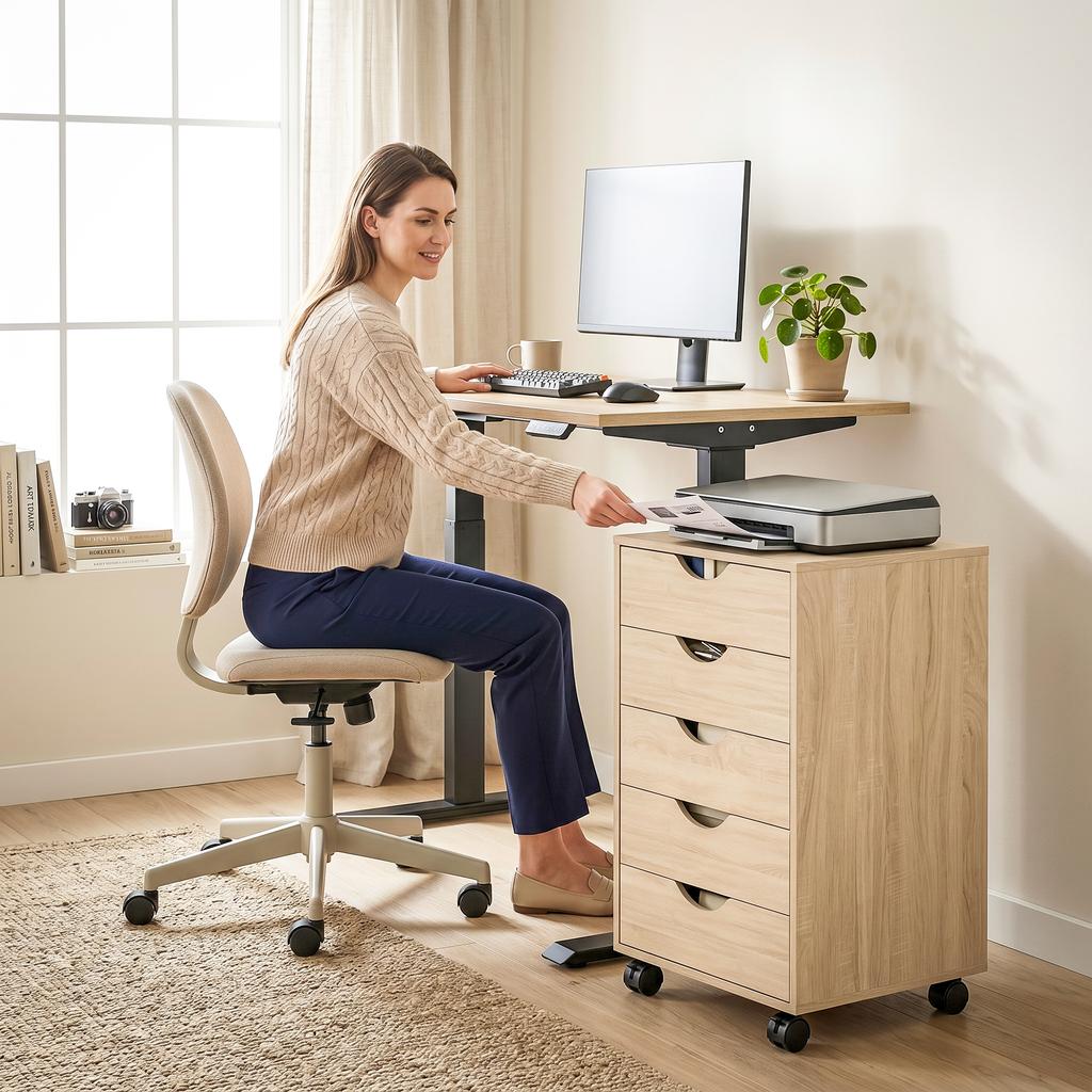 Mobile Office Pedestal, 5 Drawers, Wood, 40 x 40 x 67 cm, Oak