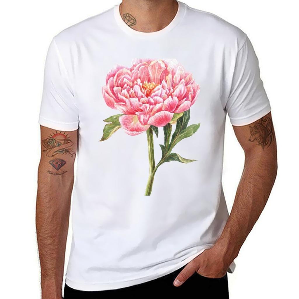 Watercolor Peony TShirt Classic Crew Neck Cotton TShirt