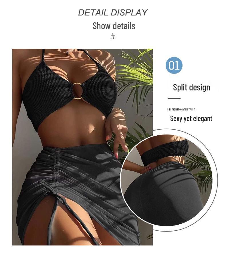 2024 Ruffled Steel Ring Bikini Three-Piece Set - European & American Women's Swimsuit