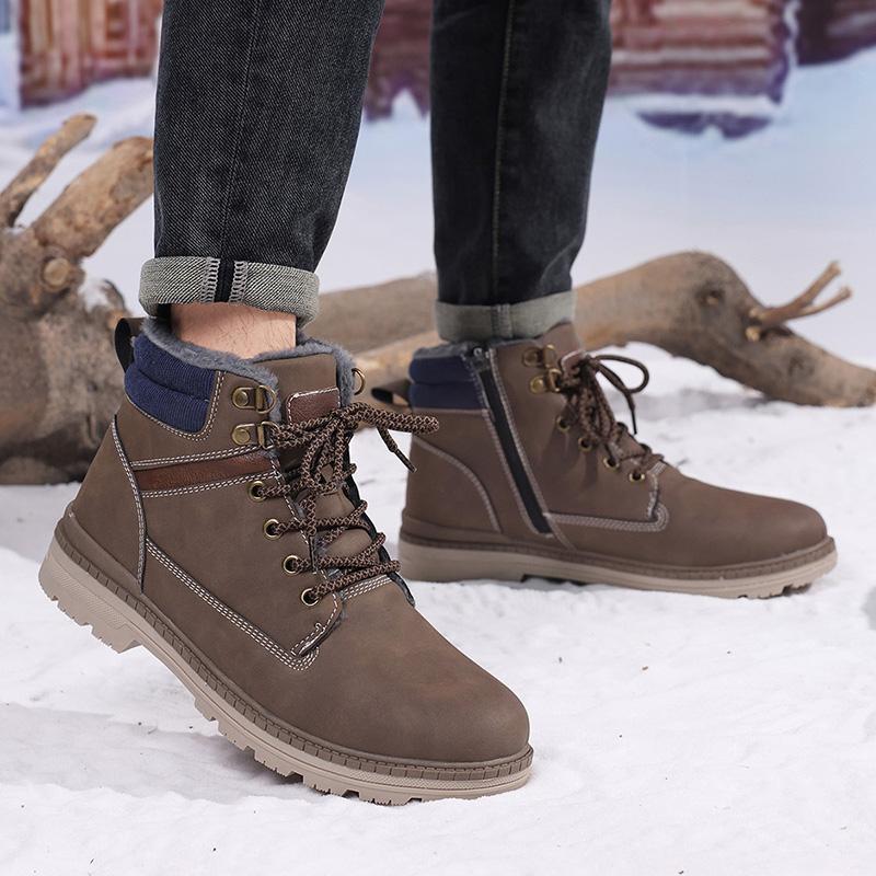 TUINANLE Men Winter Boots Warm Plush High-top Velcro Non-slip Chunky Heel Snow Outdoor Shoes