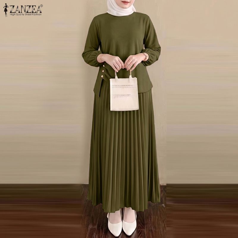 ZANZEA Women 3/4 Sleeve Blouse and Long Skirts Vintage Two Piece Suit Sets