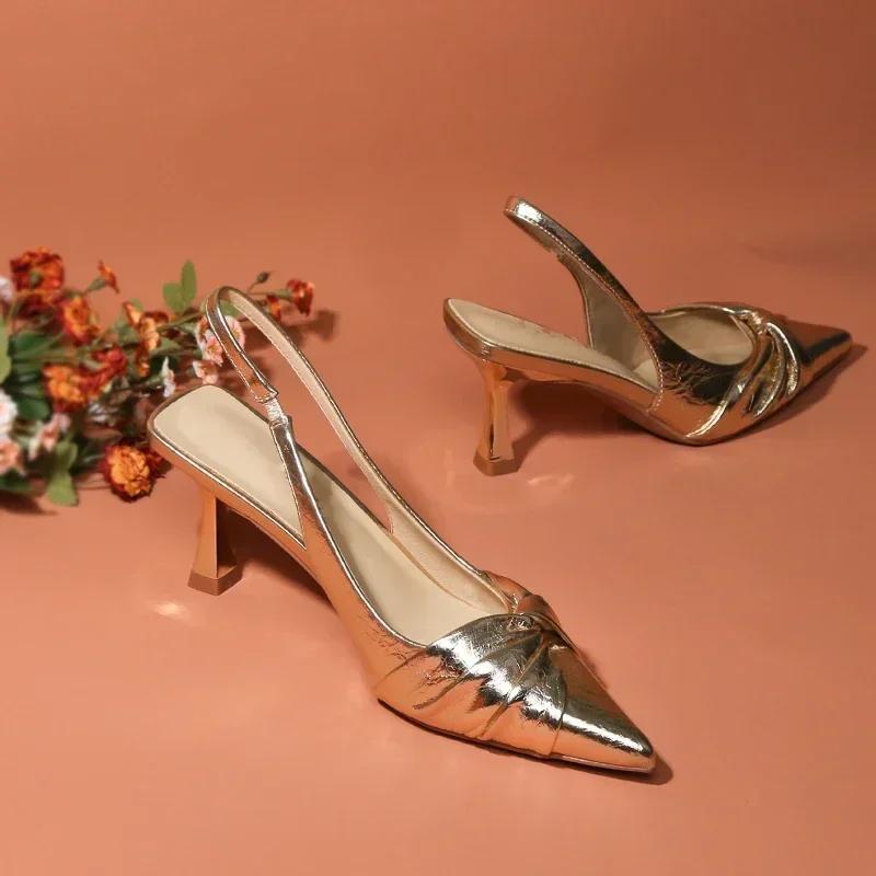 Golden Pleated Sexy Women's Sandals Pointed High Heeled Fashion Banquet High Heeled Shoes Women Pumps Zapatos De Mujer Tacones