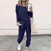 Sets For Women 2 Piece Round Neck Long Sleeve Shirts Colid Sweatpants Pocket Sets