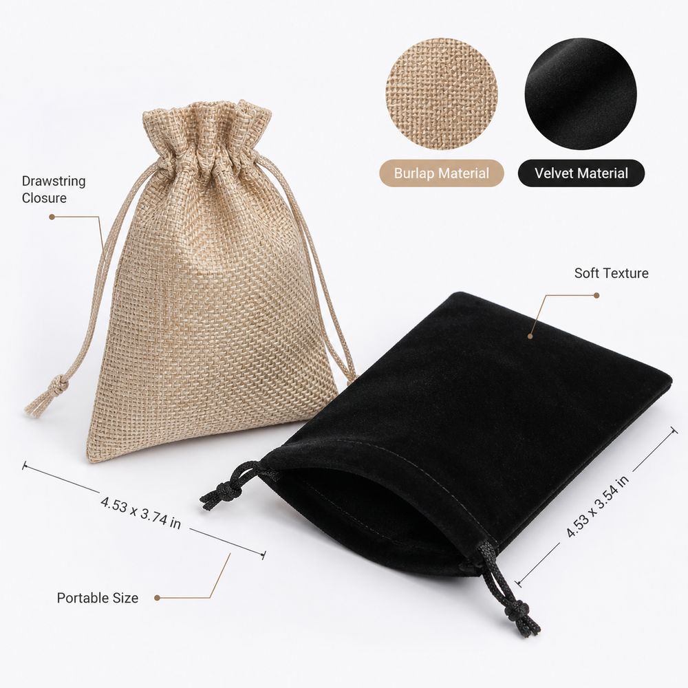 Burlap Velvet Jewelry Pouches Drawstring Closure Jewelry Storage Bags Travel Organization