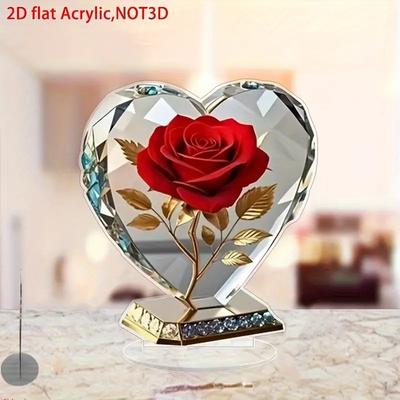 Ornement Rose Rouge Acrylique 2D Imprimé Couleur en Forme de Cœur Décoration de Bureau Ornements Cadeau Créatif Anniversaire Saint-Valentin