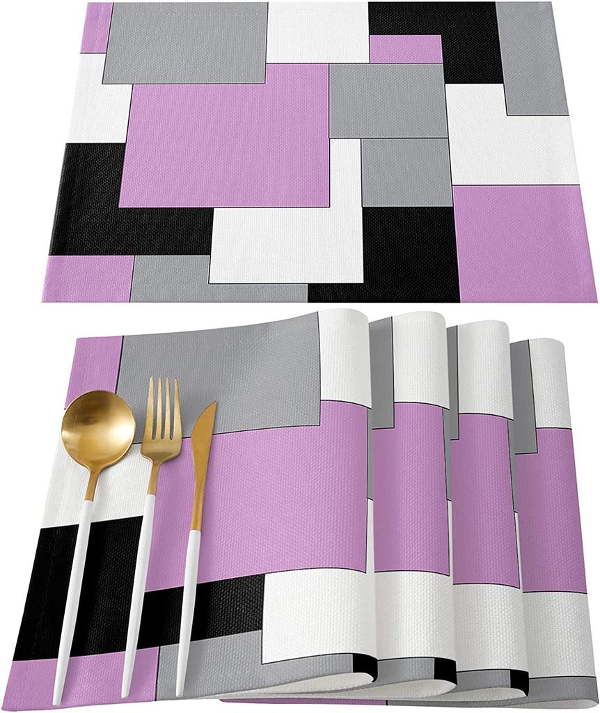 Room Decor  Dining Table Decor  Abstract Art Patchwork Purple Black Grey Kitchen Table Pad  Dining Table Mat Set 4pcs Placemats