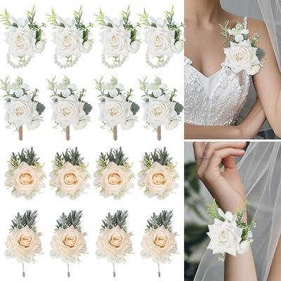 Wedding Wrist Flower Decoration Silk Rose Pearl Wristband Bracelet Hand Flowers Groom Suit Corsage Flower Brooch Bridesmaid Gift