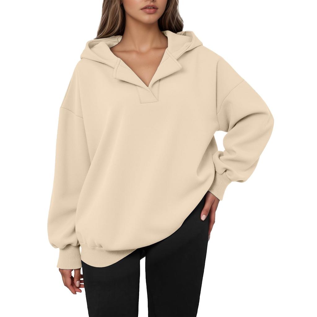 Women's Casual V-neck Pullover Long-sleeve Solid Color Fleece-lined Hooded Sweatshirt Top