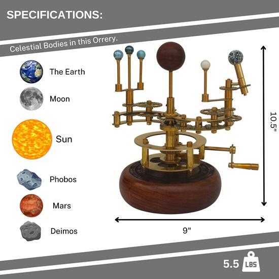 25,4 cm großes Orrery aus Messing, ein luxuriöses Kunstwerk für Bücherregale, ein funktionales Modell des Sonnensystems mit Planeten