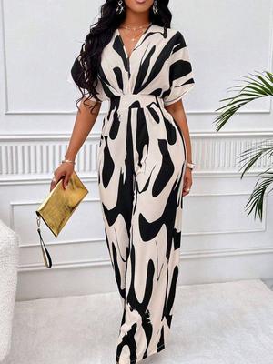 2024 European & American Spring/Summer Printed Short-Sleeve Waist Jumpsuit - Fashionable Wide-Leg Design for Women