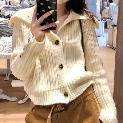 Korean Fashion Knitted Cardigan Women Autumn and Winter Sweater Elegant Loose Long Sleeve Lapel Versatile Sweaters Jacket Solid Casual Simple Clothing