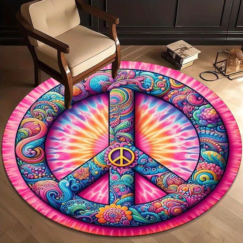 

Peace Sign Tie Dye Round Rug Psychedelic Hippie Colorful Mandala Yoga Meditation Room Decor Anti Slip Floor Mat 60cm