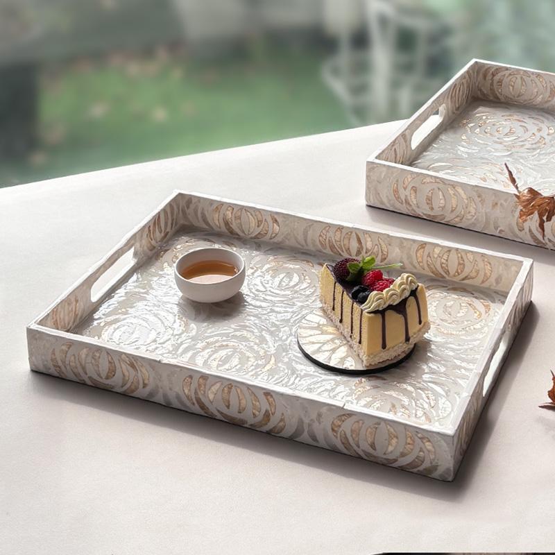 European Colorful Shell Rectangular Tea Tray Creative Living Room Storage Wooden Serving Platter Handmade Decor Display