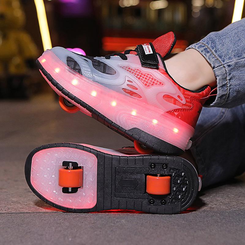 Boys Lights Sports Shoes Rubbing Shoes Charging /Disassembling Tow Wheels Slide Shoes LED Kids Glowing Sneakers