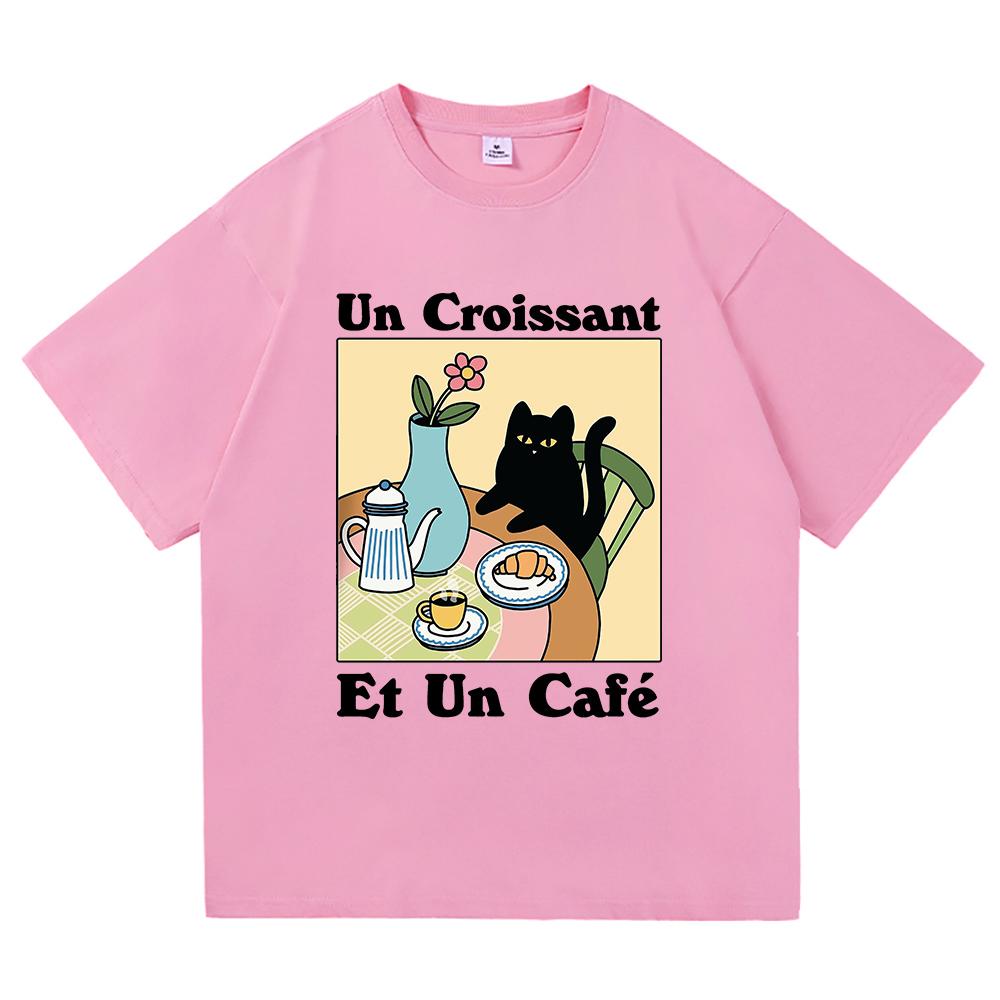 Vintage French Cafe Cat T Shirt Fashion Men/Women Funny Letter Un Croissant Et Un Cafe T-Shirt High Quality Cotton Tees Shirts
