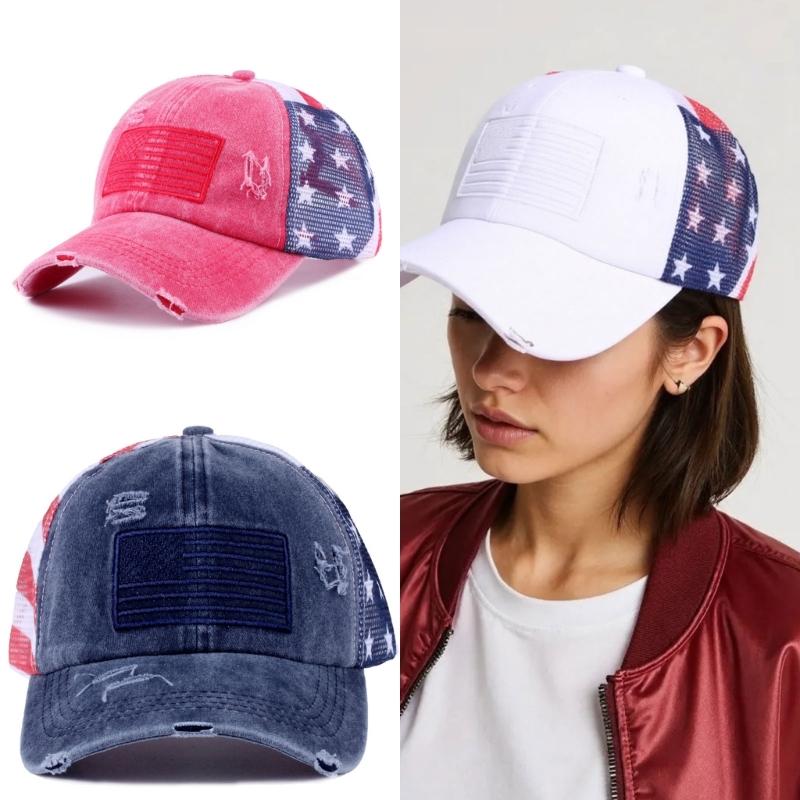 Distressed Wash Cotton Baseball Hat with Star Print Curved Brims Mesh Ponytail Sun Hat for Patriotic Women Teens Girl