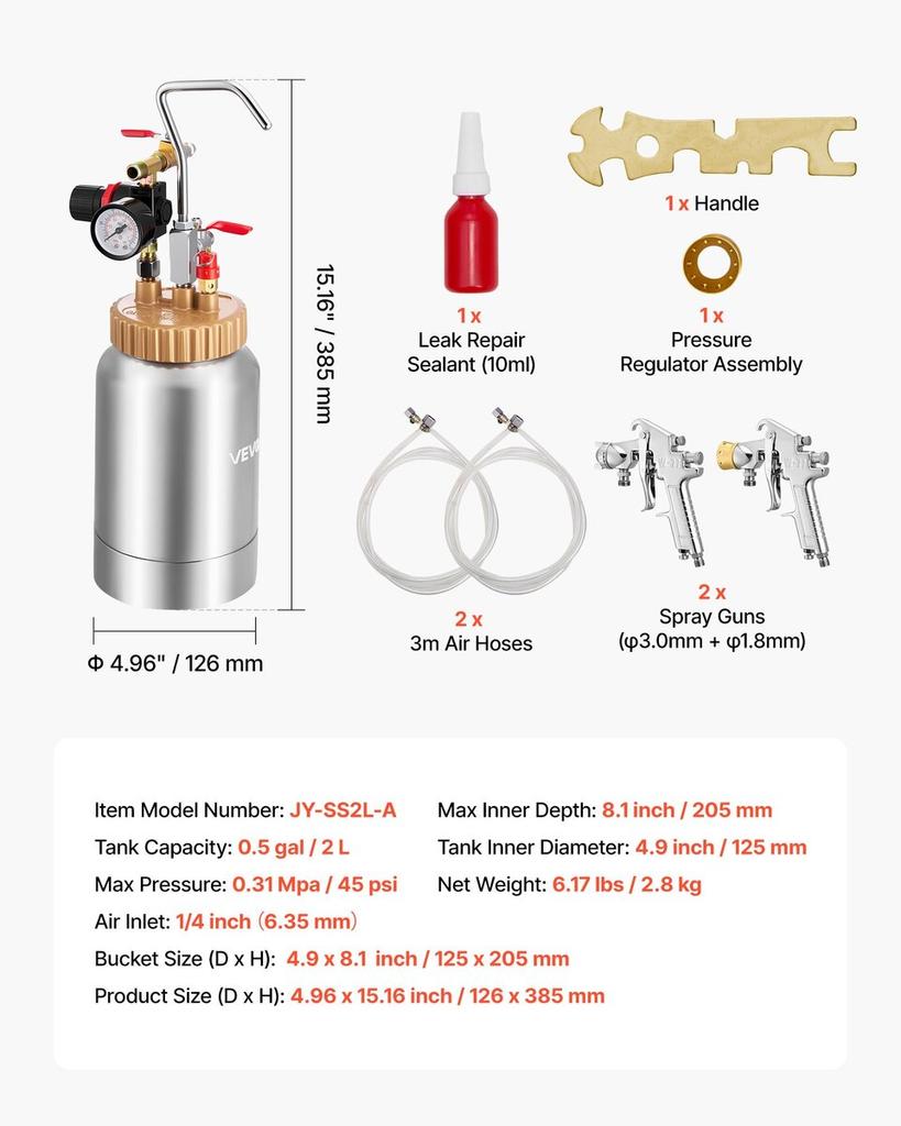 Spray Paint Pressure Pot, 2 L Pressure Pot Paint Sprayer, 1.8mm + 3mm Two Spray Guns Central Pneumatic Sprays Gun with Two 3 m Hoses for Furniture,