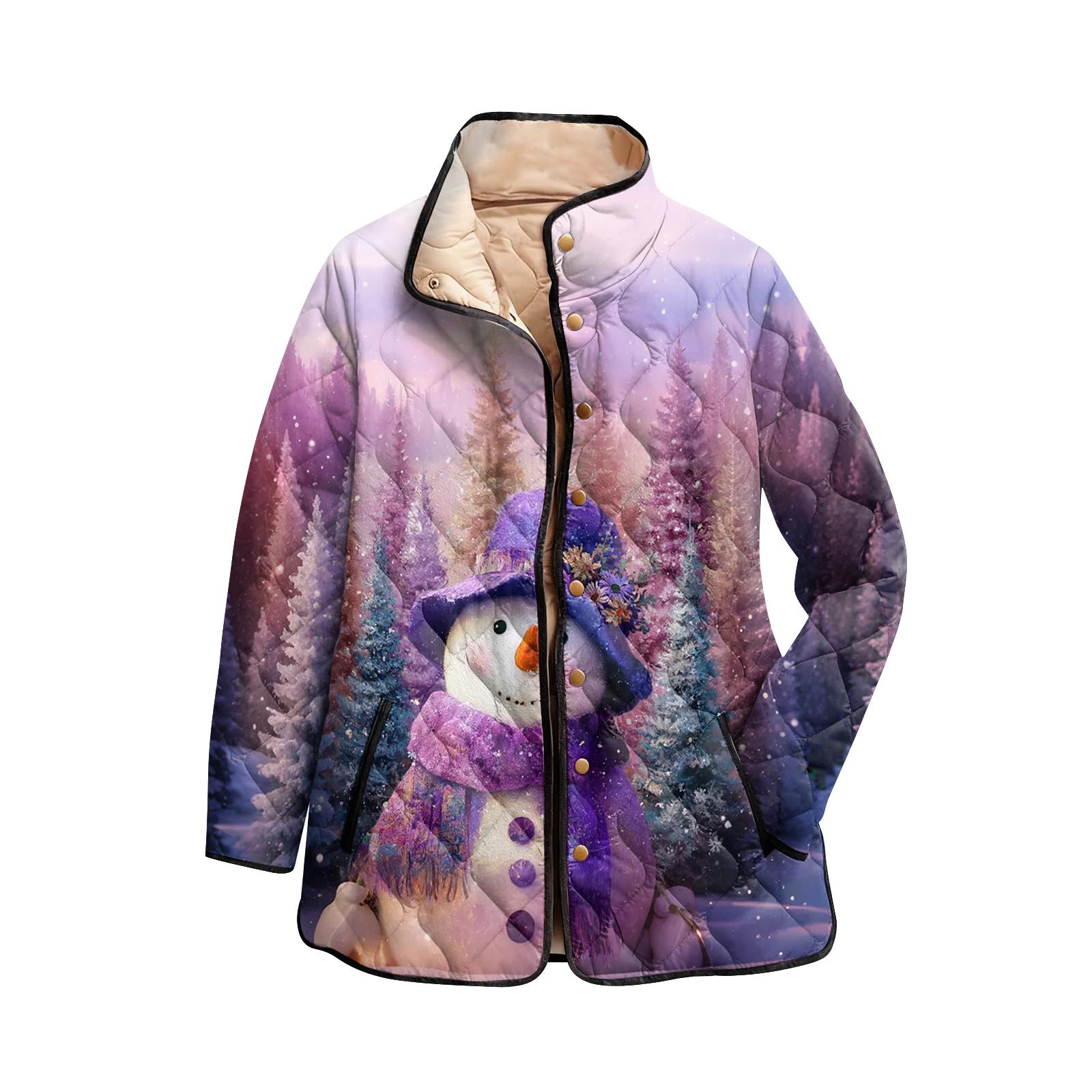 

Women s Christmas Print High-Neck Padded Long Sleeve Button-Up Cotton Coat L фіолетовий