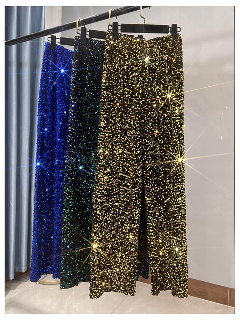 Women's Korean Velvet Sequined Wide-Leg Pants: Slim-Fit, Floor-Length, Shiny Drape Casual Wear for Autumn and Winter