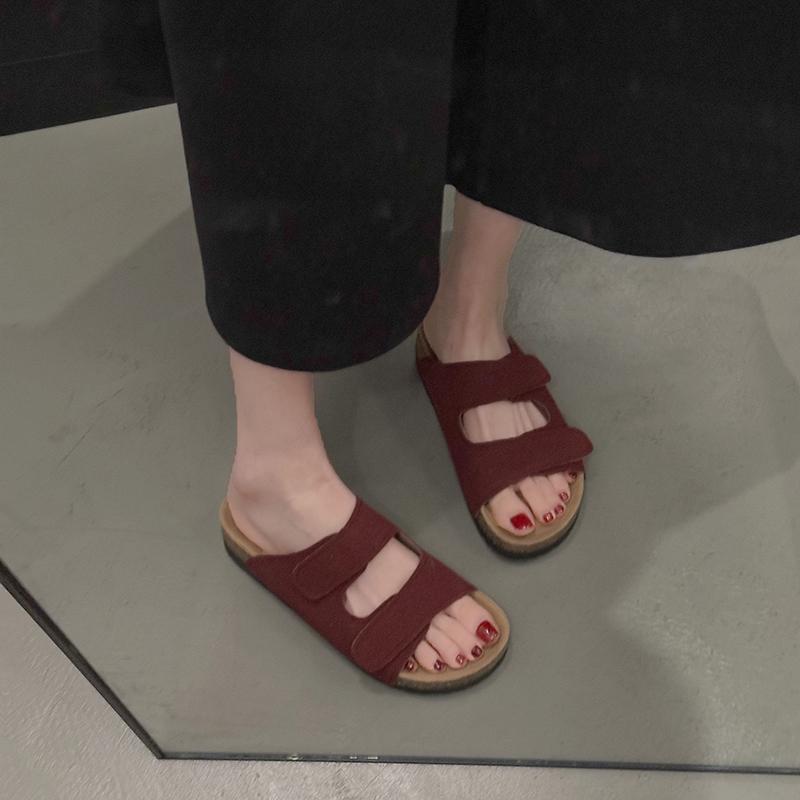 Fashion Summer New Style Flat Sandals Women Fashion Round Head Shallow Mouth Open Toe Cow Suede Set Foot Anti-slip Wear Slippers