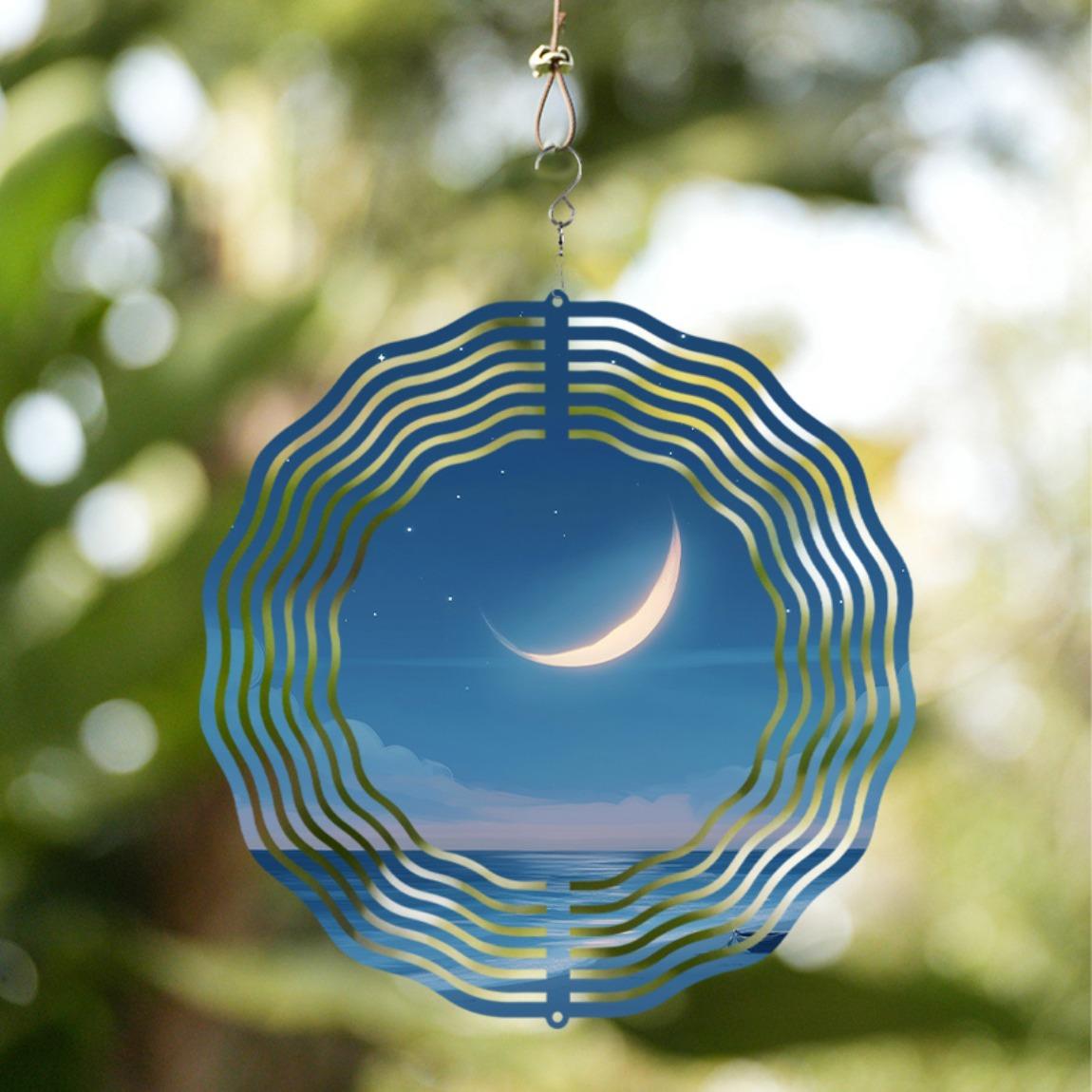 

Crescent Moon Ocean Wind Chime with 360 Degree Hook Blue White Striped Metal Art for Garden Balcony Patio Decor All Season Gift 01A