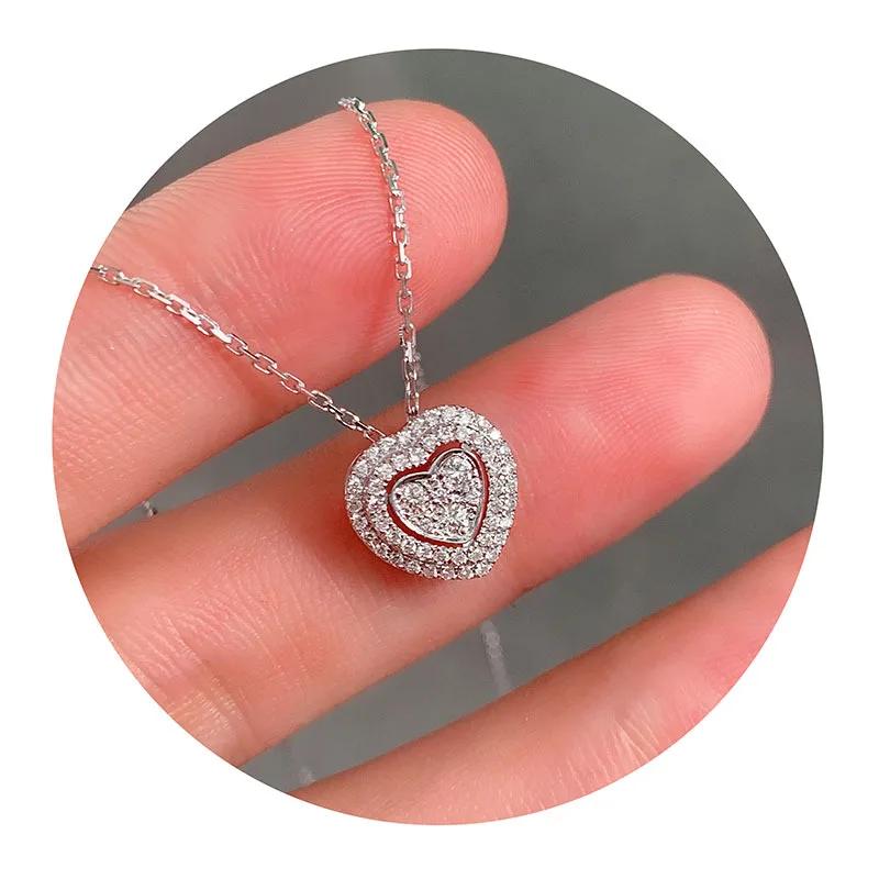 Simple Female Necklace S Sterling Silver Crystal Zircon Hollow Heart Pendant Necklace for Women Length 45CM Trendy