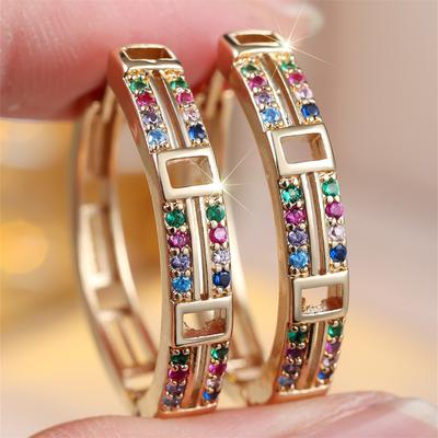 Trendy Hollow Square Rainbow Zircon Round Stone Hoop Earrings For Women Vintage Gold Color Small Ear Buckle Wedding Jewelry Gift