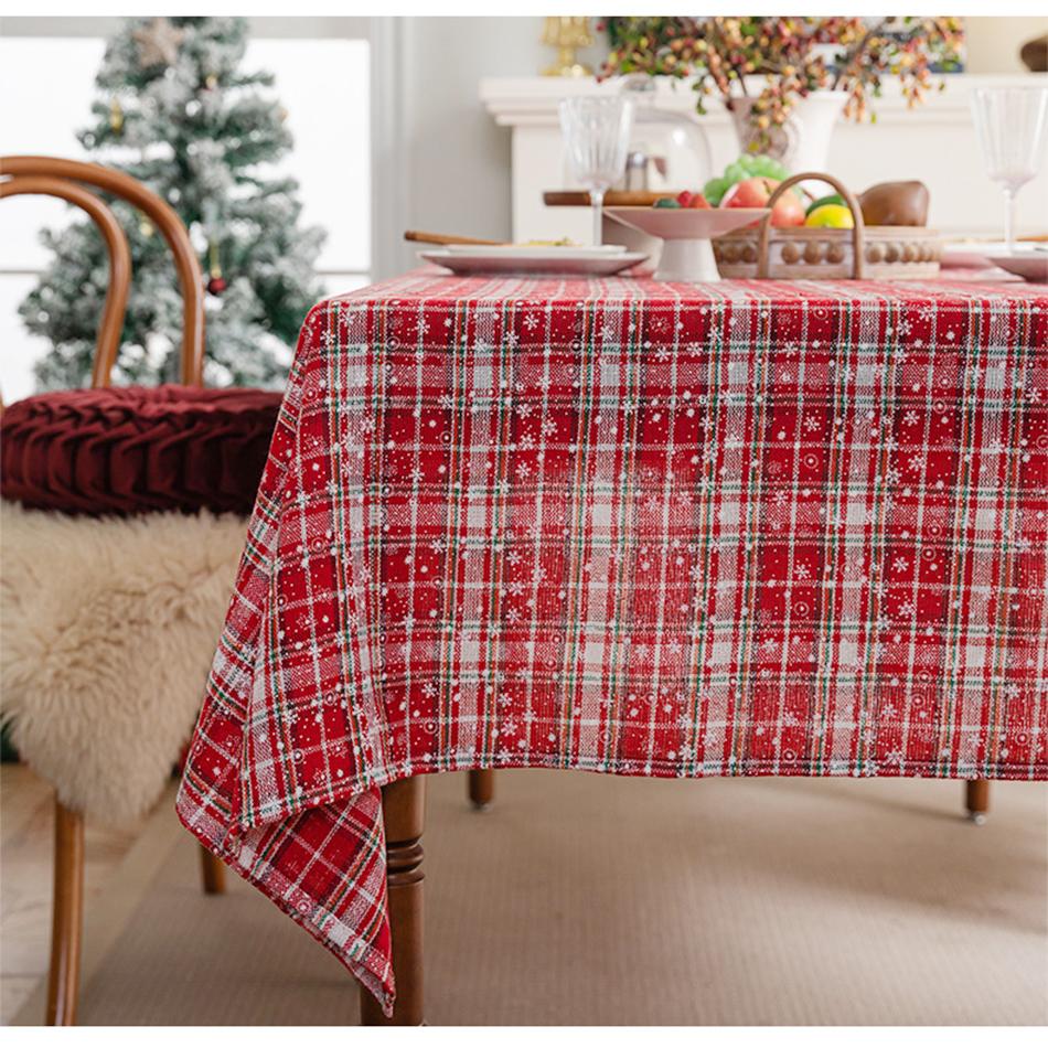 Christmas Red Grid Tablecloth White Snow Ornamental tassel Table Vintage Dining Table Cover For kitchen Party Birthday Decor
