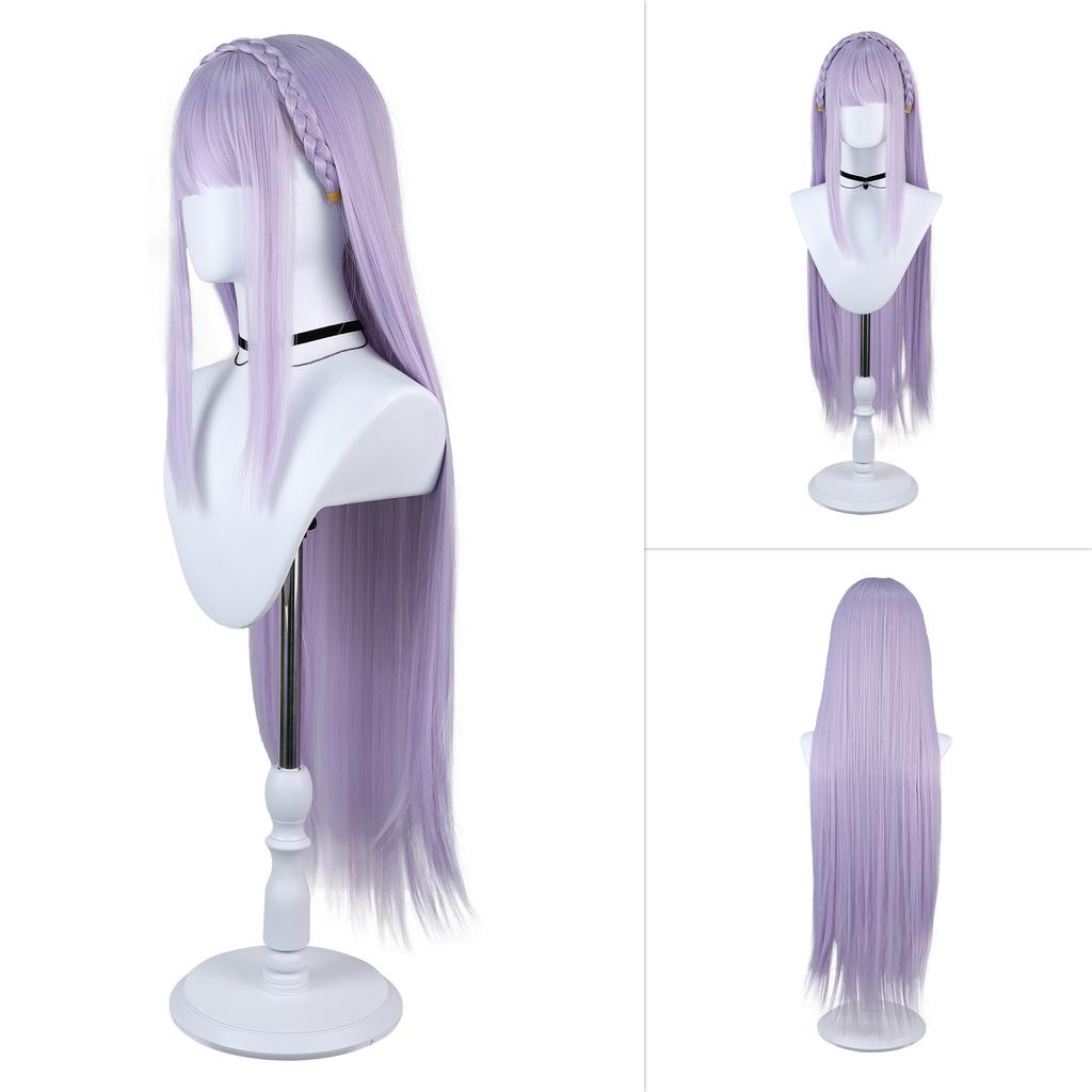 Emilia Re Zero Synthetic Cosplay Wig Long Straight Light Purple With Bangs Braided Headband Heat Resistant Full Head for Cosplay