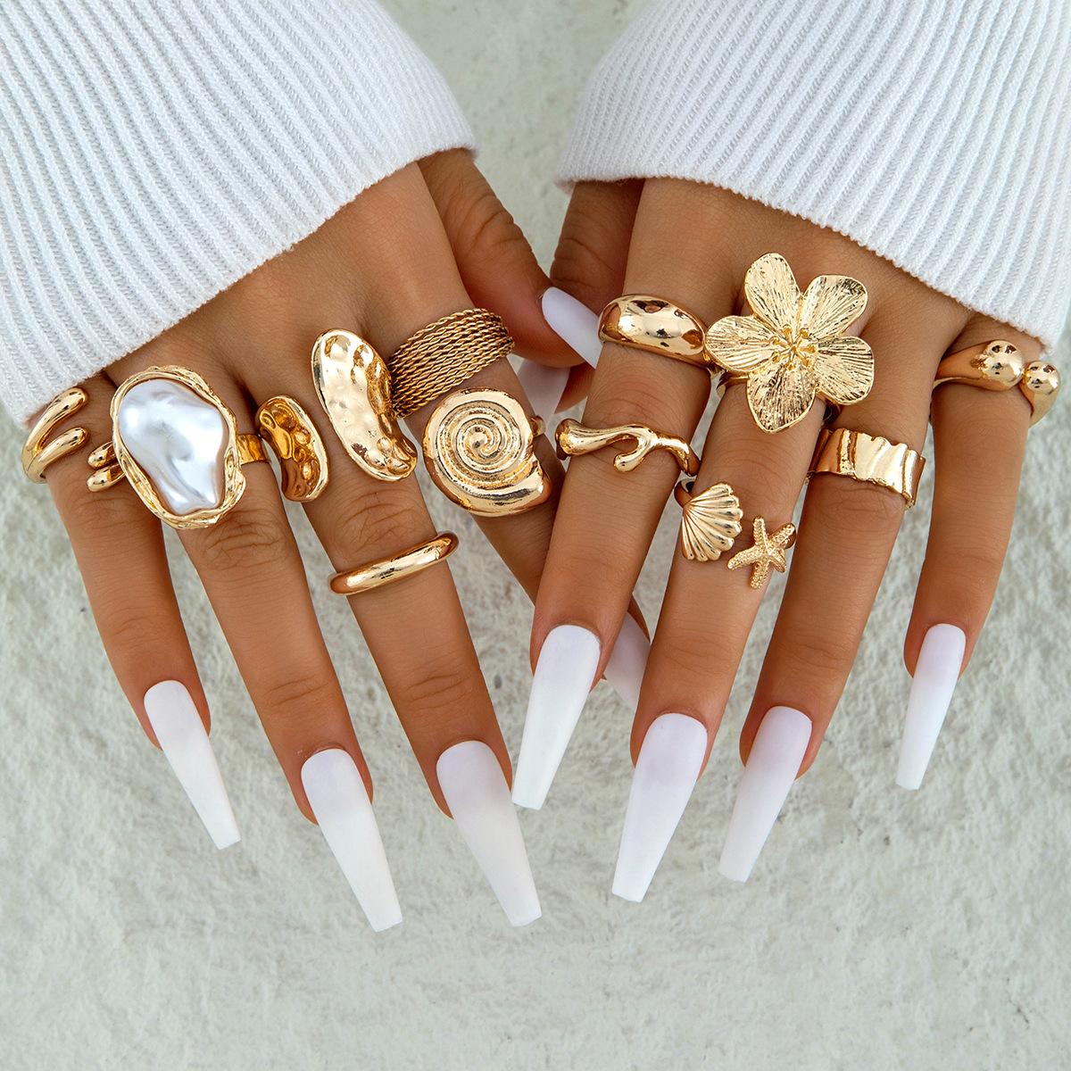 Accessories, temperament vacation style conch retro ring, irregular alloy flower ring set