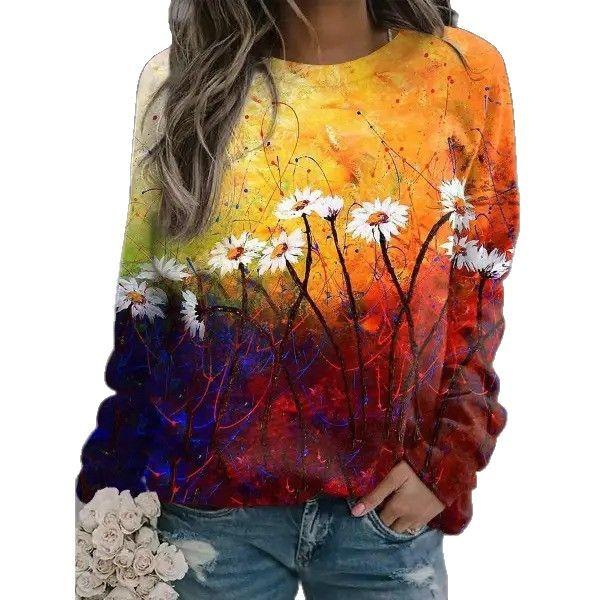

Топ з круглим вирізом з 3D принтом квітів та рослин Модні повсякденні жіночі футболки з довгим рукавом XXL