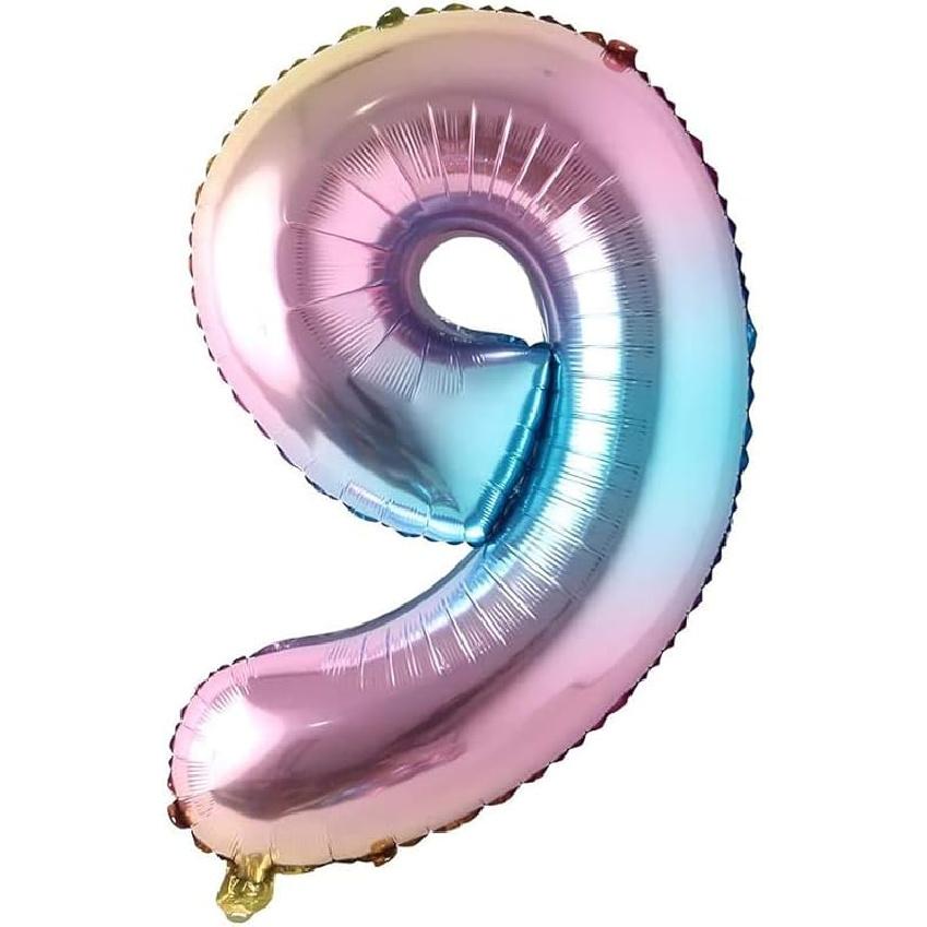 40 inch number balloons Big Size Rainbow Number Foil Helium Balloons Large Self Inflating Foil Number Balloons 0-9 for Boys Girls Birthday Party Number 9