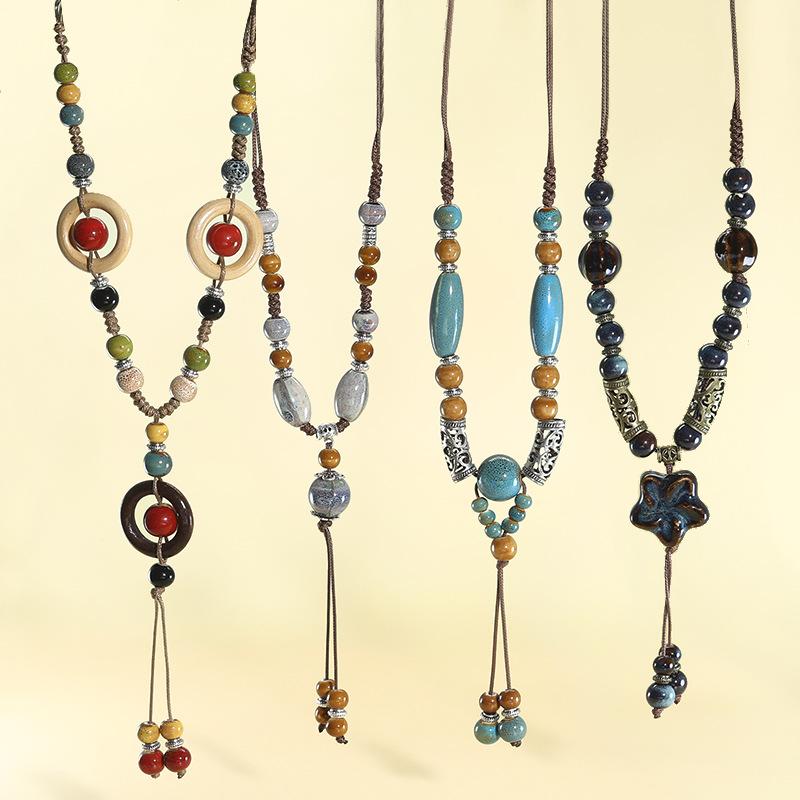 Retro-style National Tide Literary Ceramic Necklace Female Long Pendant Student Sweater Chain Simple Joker Clothing Accessories