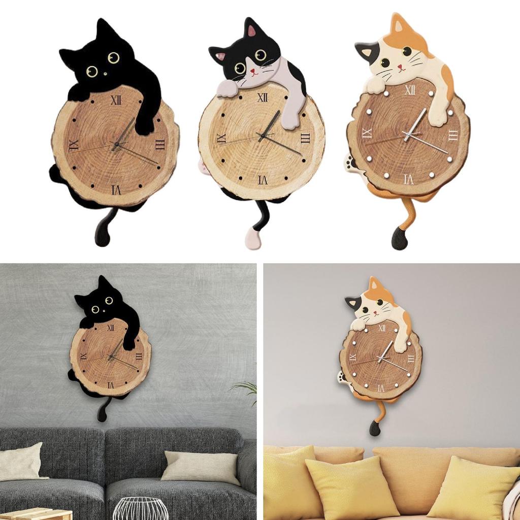 Cat Wall Clock Modern Animal Non Ticking Cute Analog Wall Clock with Swinging Tail Silent for Kids Room Indoor Housewarming Gift