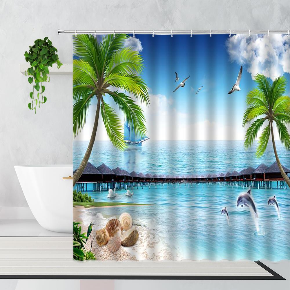 Palm Trees Beach Shower Curtains Sea Waves Island Vacation Hawaii Nature Scenery Summer Fabric Bathroom Decor Bath Curtain Hooks