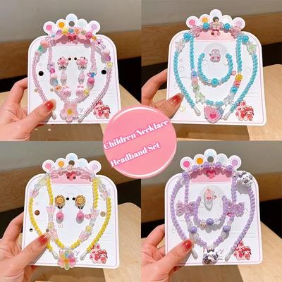 3 pezzi Collana per bambini Fascia per capelli Set Bracciale Cartone animato Festa Compleanno Regalo Bambina Orecchini Principessa Copricapo Accessori per bambini
