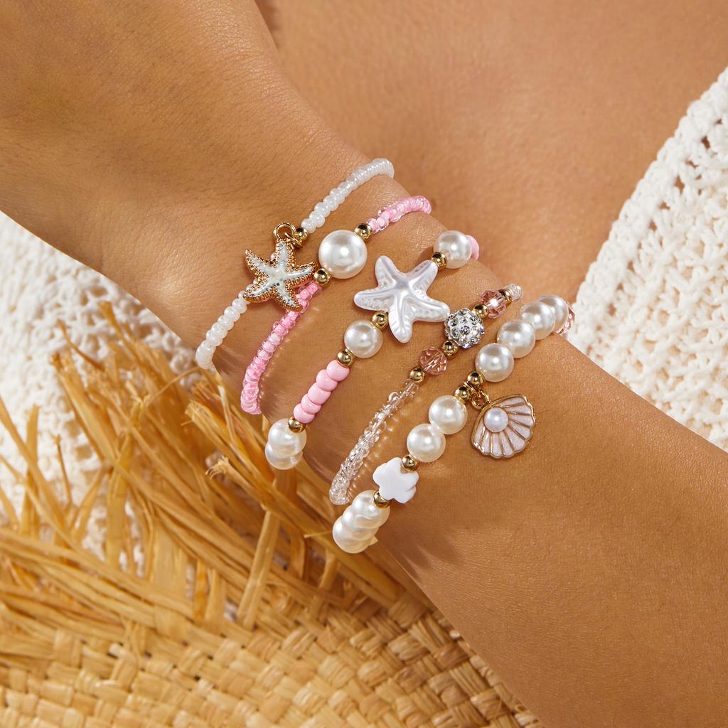 6Pcs Cute Bowknot Heart Bracelet Set For Women Pink Acrylic Beads Imitation Pearl Elastic Bangles Party Daily Sweet Jewelry