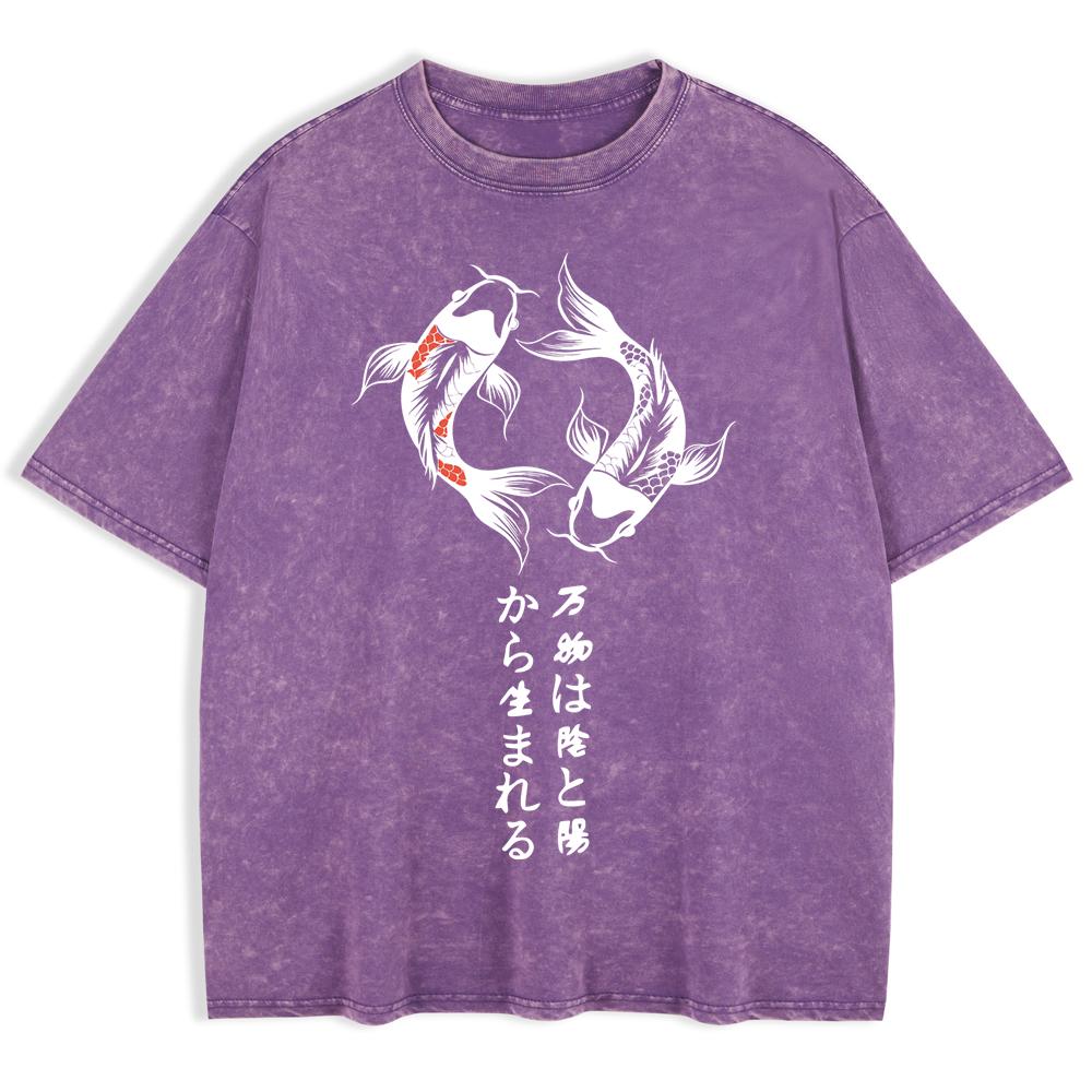 Japanische Koi Harajuku Drucke Gewaschene T-Shirts Herren Baumwolle Oversize T-Shirt Sommer Rundhals Kurzarm Oberteile Kleidung